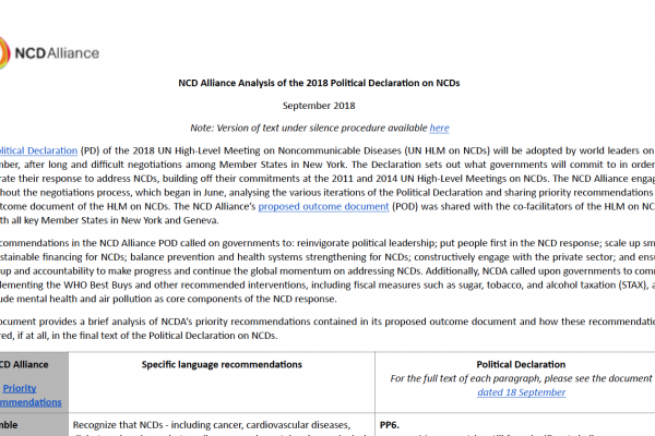 NCD Alliance Analysis of the 2018 Political Declaration on NCDs